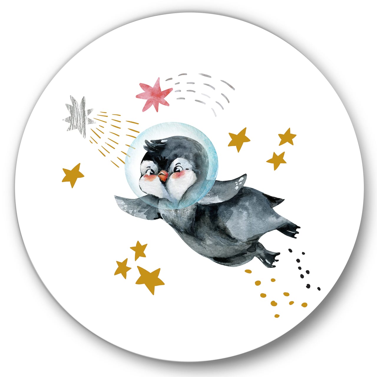 Designart - Little Penguin Flying Stars and Planets I - Farmhouse Metal Circle Wall Art